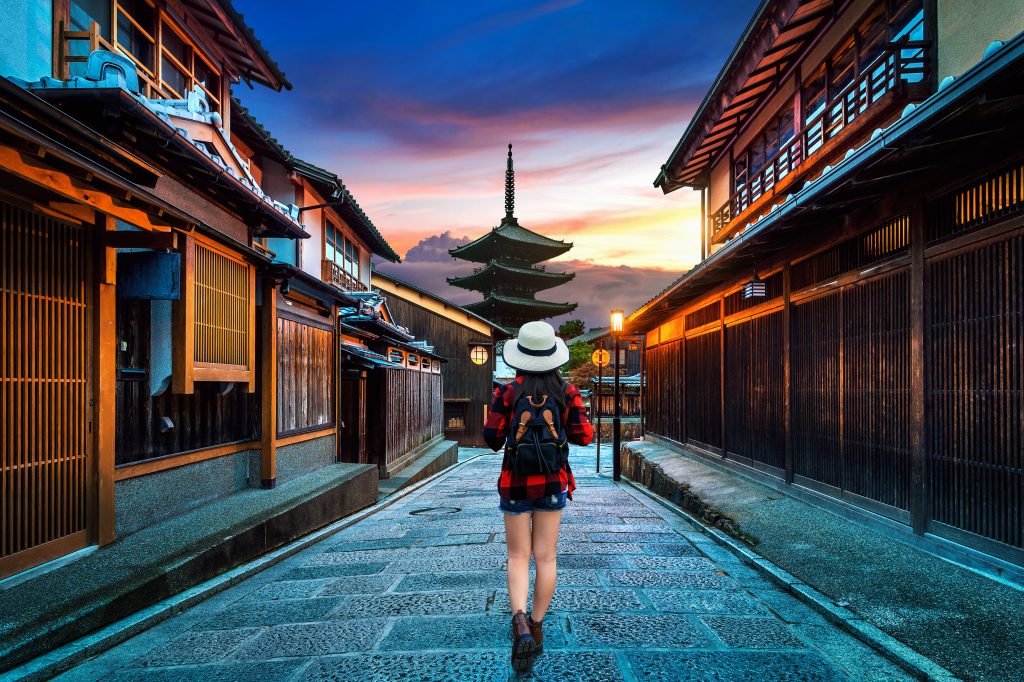 woman traveler with backpack walking yasaka pagoda sannen zaka street kyoto japan 1024x682 1